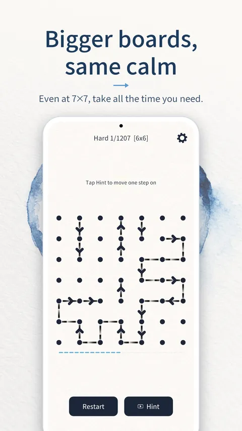 ArrowLoop screenshot: a Hard puzzle on a 6×6 board