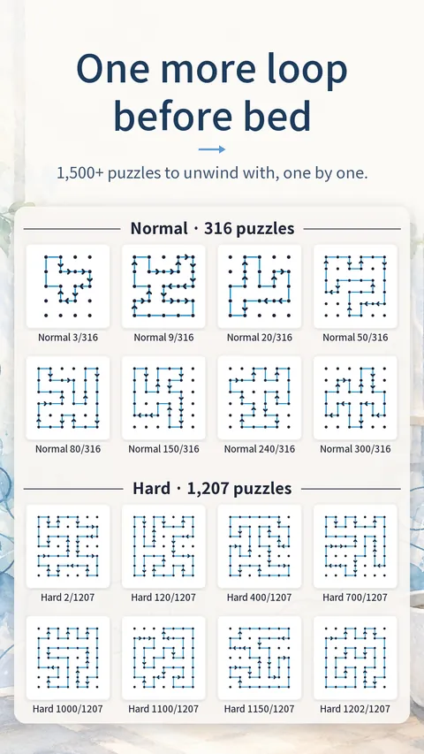 ArrowLoop screenshot: the list of Normal and Hard puzzles